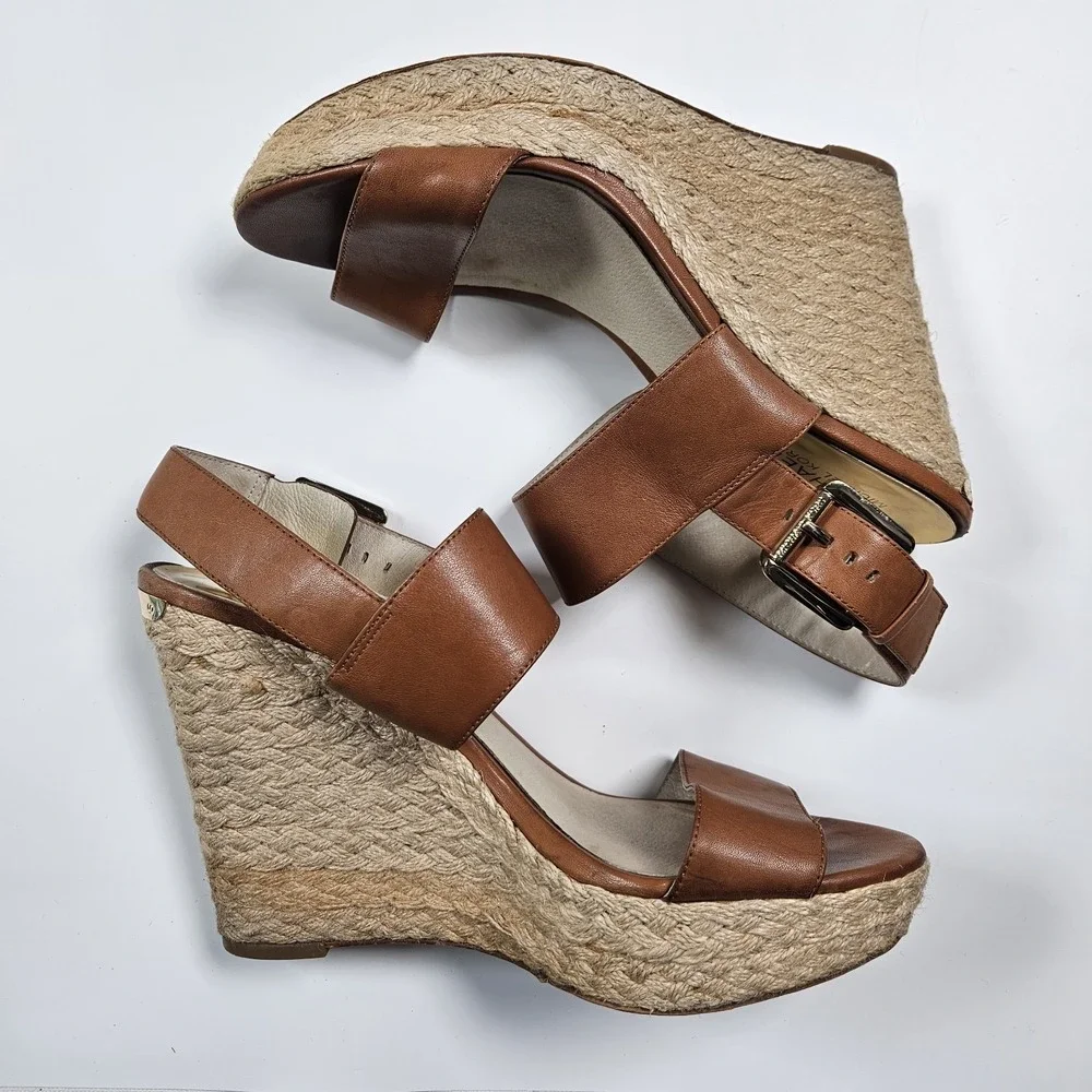 Michael Kors Women's Brown Leather Wedge Sandals Size 9.5 Ankle Strap Buckle